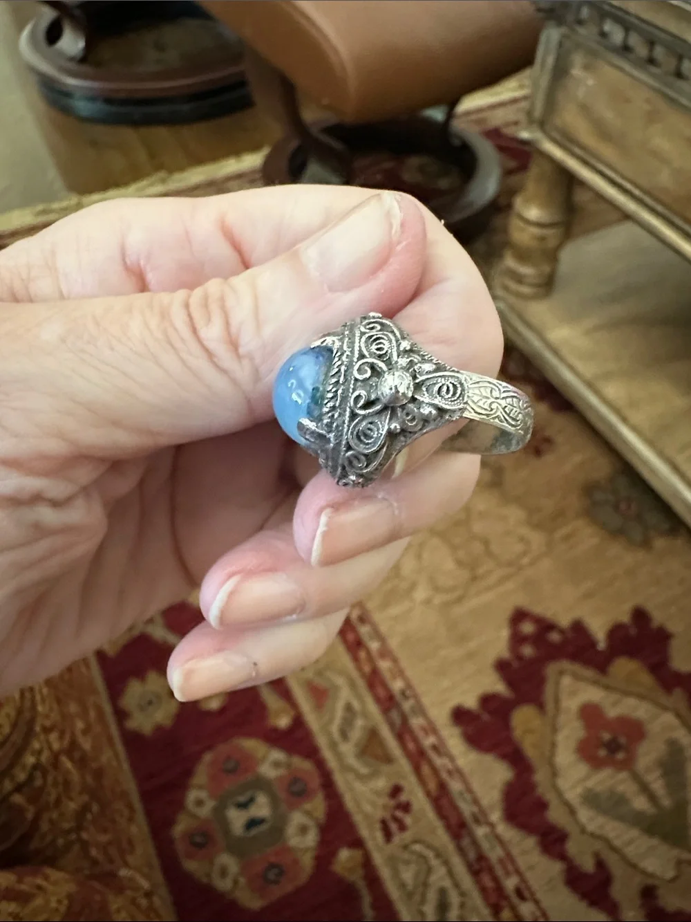 Iridescent Blue Opal Glass Dome Statement Ring - Sterling